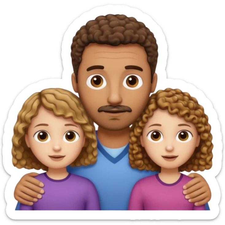 Brown dad with a short straight hair cut and stubble beard with his two daughters bone who is 5 and has blone brown curly hair and one who is smaller who has curly hair brown sticker