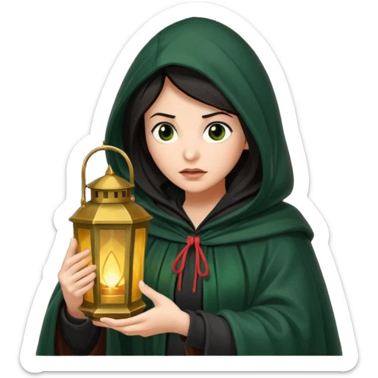 traitor tv show, dark haired woman wearing dark green cloak with hood up who looks very evil, is holding up a lantern, and looking down sticker