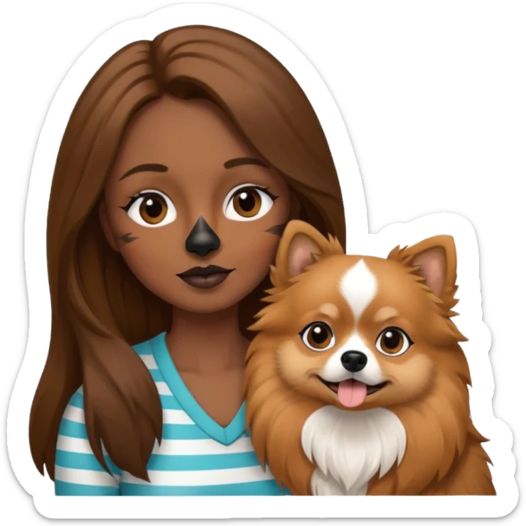 Create an emoji-style illustration of a woman with long brown hair holding one Pomeranian dog. The dog has a black face with a white stripe running down the middle of its nose and mouth. sticker