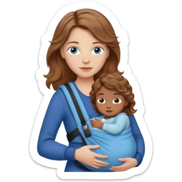 Caucasians light brown wavy haired woman with brown skinned bay in carrier. Mom has blue eyes and just one baby sticker
