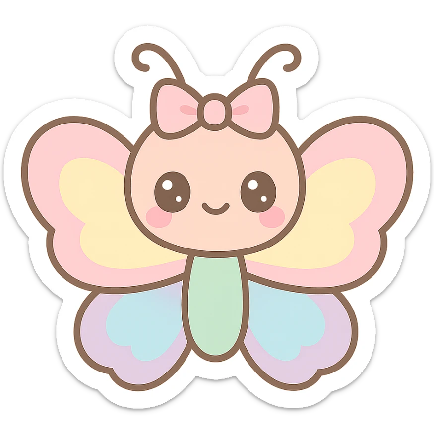 kawaii butterfly with a bow on its head, pastel rainbow wings, sweet and friendly expression sticker