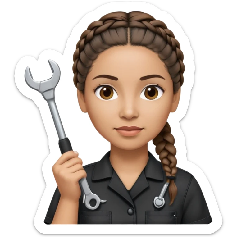 A 40-year-old Latina woman with light brown skin, working as a car mechanic, wearing all black mechanic scrubs, with two braids pulled back from her head sticker