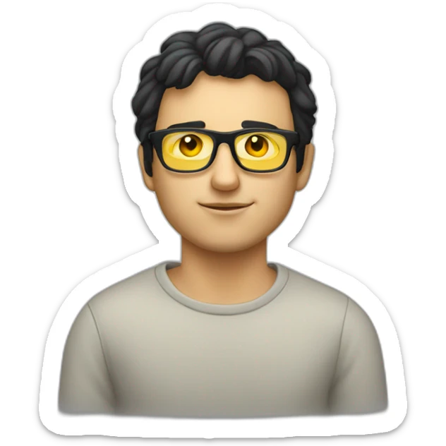 White man with yellow tinted glasses and black hair in a jumper sitting on a chair sticker