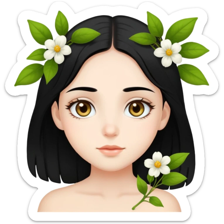 A fair-skinned girl with black hair, healthy and full of “flowering” vibes. Her eyes are wide and hazel-colored. sticker