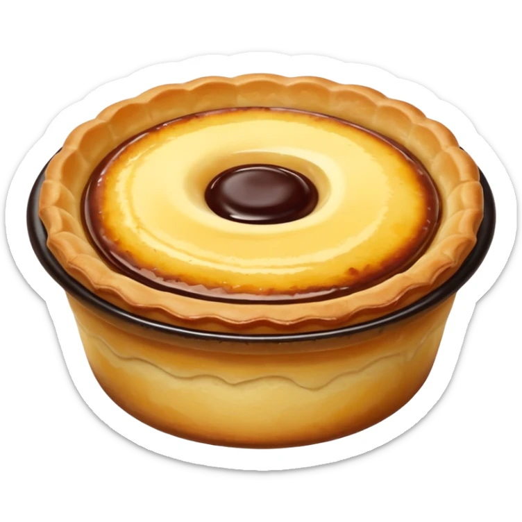 Create an emoji-style illustration of a Portuguese Pastel de Nata. It should be a small, individual custard tart with a flaky, layered puff-pastry crust and a glossy yellow custard center with dark caramelized spots on top. Do NOT make a full pie or slice only a single small tart sticker