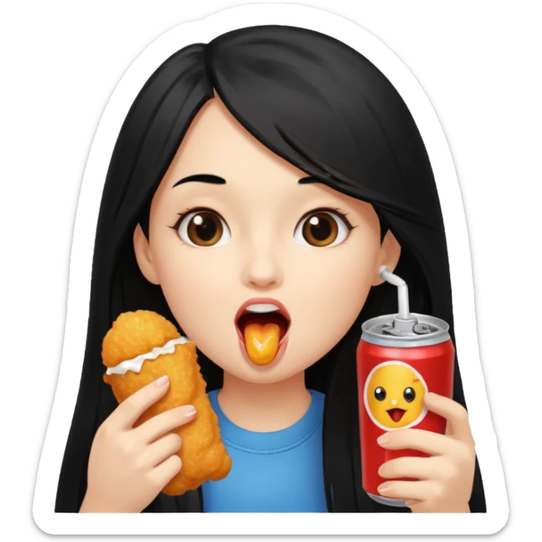 girl with long black hair eating with mouth on the chicken nugget and holding a soda can sticker