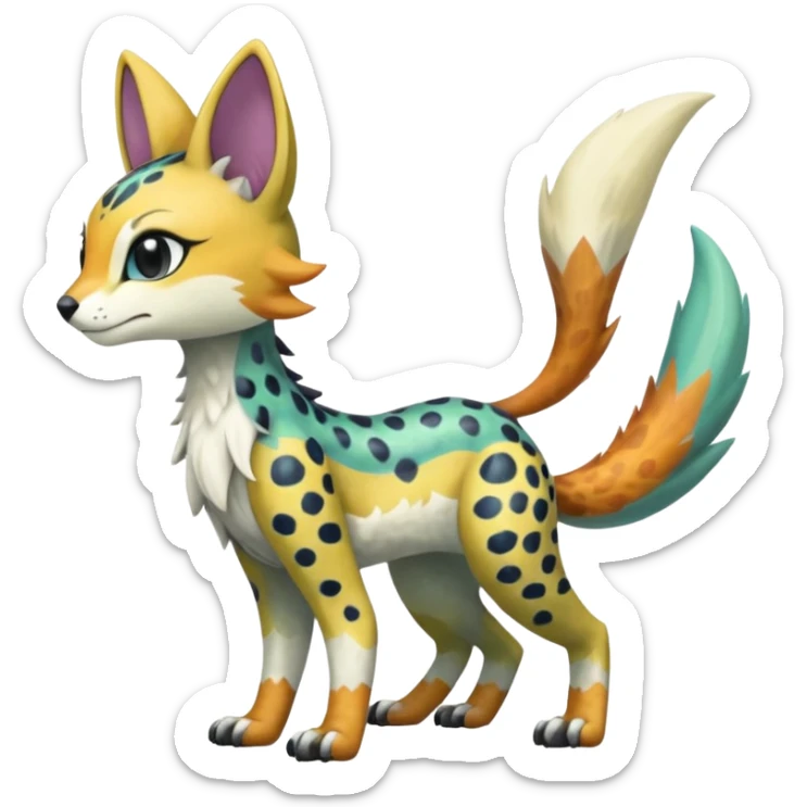 Colorful Shiny Scaly Furry Cute Realistic Meloetta-Trico-Silvally-Nargacuga-Sergal-Serval-Fakémon-creature-hybrid sticker