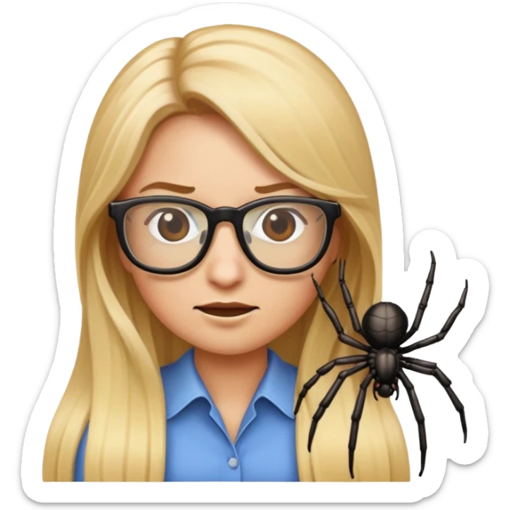 Classic emoji with long blonde hair and glasses killing a spider sticker