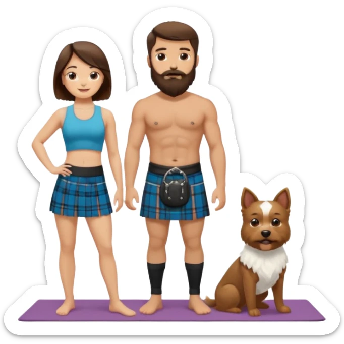 emoji of brunette man with beard wearing kilt, brunette woman in yoga outfit and one white fluffy dog sticker