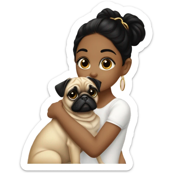 A young girl with long lashes  morena with black hair and small gold hoops  kissing her small pug  sticker