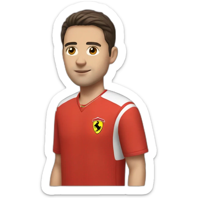 a young white man with no beard and very short dark hair and brown eyes in a red ferrari jersey sticker