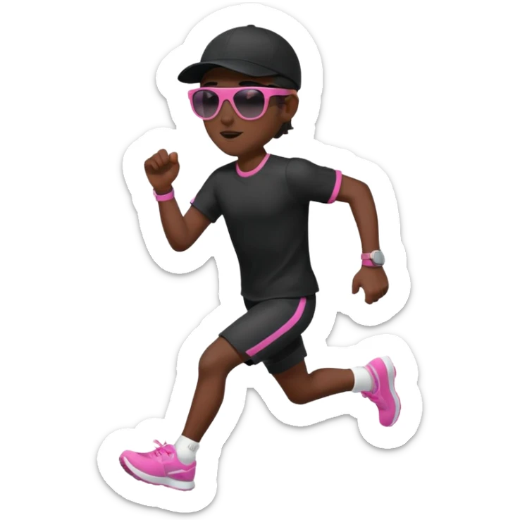 Un uomo che corre vestito completamente di nero, con un cappellino nero, occhiali da sole da bambino rosa sticker