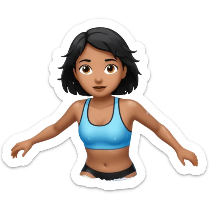 A girl swimming in Goan ocean. Girl should have black hair, clothes should be shorts and tank top or sports bra because she is Indian. Color should be brown like light dusky not dark sticker
