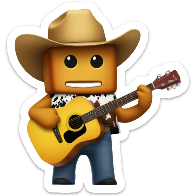 a mcdonald chicken nugget with a cow-boy hat and a roblox  face and a guitar sticker