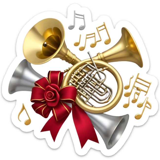 Create a festive and elegant emoji collage featuring a bouquet or fan of brass instrument bells (trumpets, saxophones, trombones, etc.) arranged in a radiant, symmetrical pattern. The instruments should have polished, golden and silver finishes, with their large, shiny bells forming a beautiful, fan-like display. Include a flowing ribbon of musical notes swirling through the center, conveying movement and melody. The background should feature a deep red velvet texture, adding a touch of luxury and sophistication. The overall composition should be balanced, with an elegant and regal feel, with a transparent background to keep focus on the instruments and musical elements. sticker