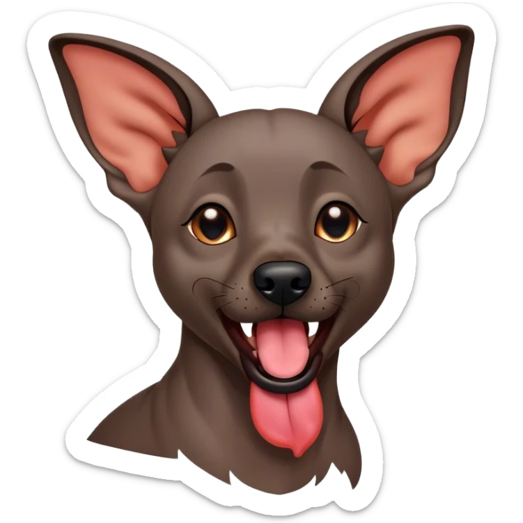 Cinematic Cute Yawning Xoloitzcuintle dog Portrait Emoji, Head tilted slightly with a dramatic, wide-open yawn, showcasing smooth, hairless ebony skin with gently relaxed wrinkles and floppy ears slightly drooping, round dark eyes barely open in drowsy contentment, Simplified yet irresistibly adorable features, highly detailed, glowing with a soft, cozy glow, high shine, relaxed yet expressive, stylized with a touch of whimsy, bright and endearing, soft glowing outline, capturing the essence of a sleepy yet affectionate guardian, so drowsy it feels like it could stretch out of the screen and curl up for a nap! sticker