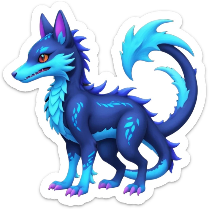 Kawaii dark edgy colorful abyssal vibrant neon glowing fantasy abyss-midnight-eline-vernid-sergal-fursona animal creature with a tufted tail full body with intricate markings  sticker