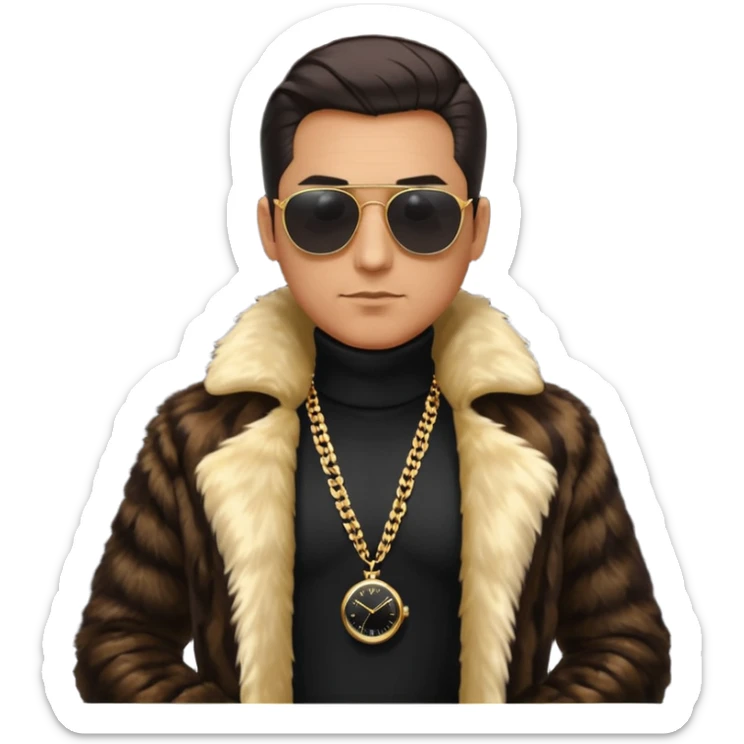 bearded man with slicked back hair, wearing dark sunglasses, a luxurious fur coat over a black turtleneck, gold chains and a watch, minimalist flat design, glossy Apple emoji style, simple facial features, centered full-body icon on white background sticker