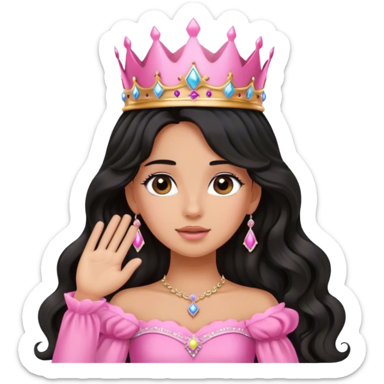Very very very tanned skin princess, with long black wavy hair and crown and an pink princess outfit with a cute pose with hand on her face sticker