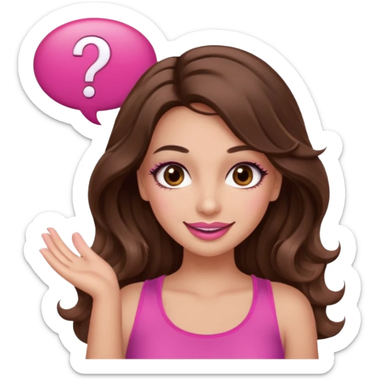 girl with long wavy brown hair, brown eyes, long lashes makeup, sexy pink lips, light to medium complexion, wearing a pink sexy top, shugging, smiling, question mark one speech bubble sticker