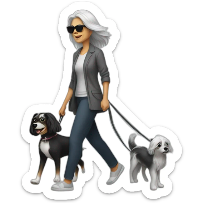 Mom with long grey hair wearing sunglasses walking a black and white dog sticker