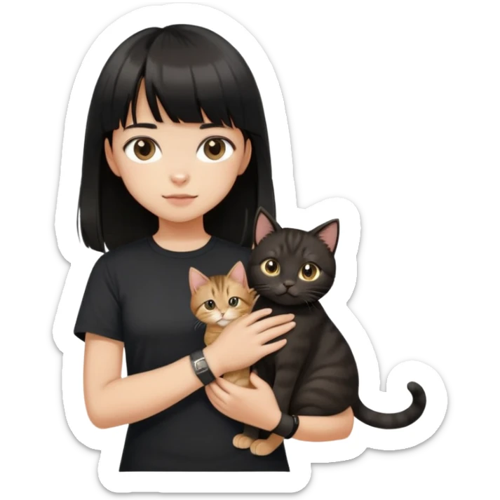 A girl with black long hair and bangs, wearing a black short-sleeved shirt, a brown bracelet on her right wrist, white skin, holding a tabby cat, the cat is standing upright sticker