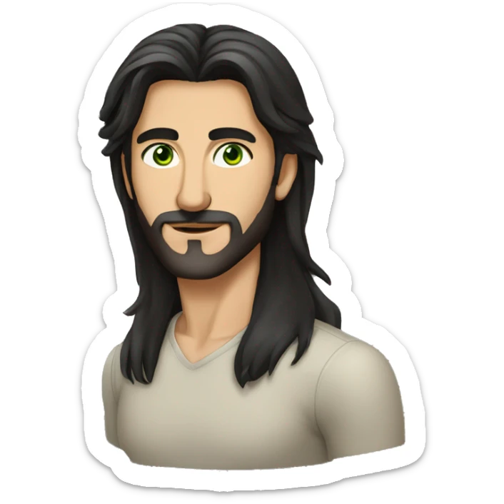 High details of man with iranian features a jewish nose green eyes and olive skin thin body and long black straight hair sticker