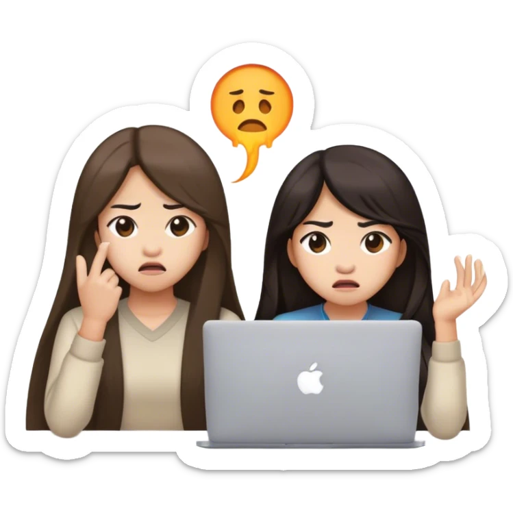 two asian girls long hair disgusted in front of macbook sticker