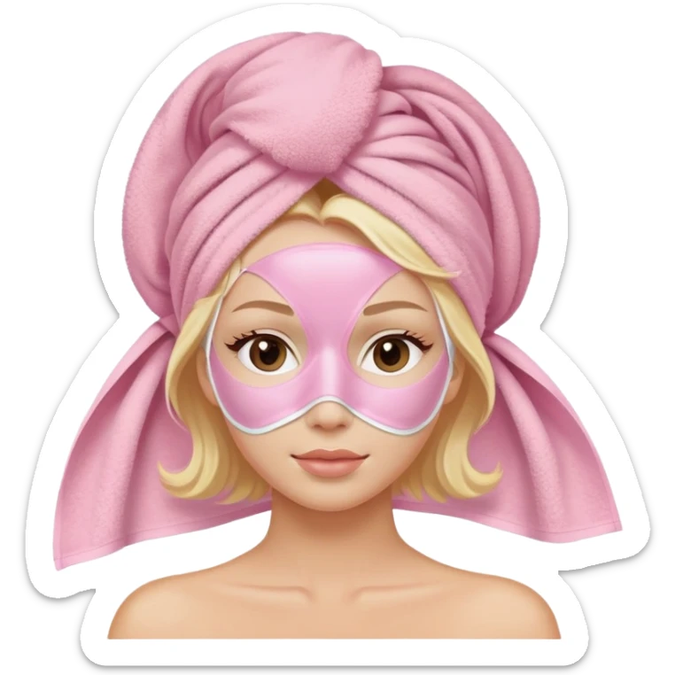 Blonde  white lady with a towel on her hair wearing Light pink skincare mask on her face sticker