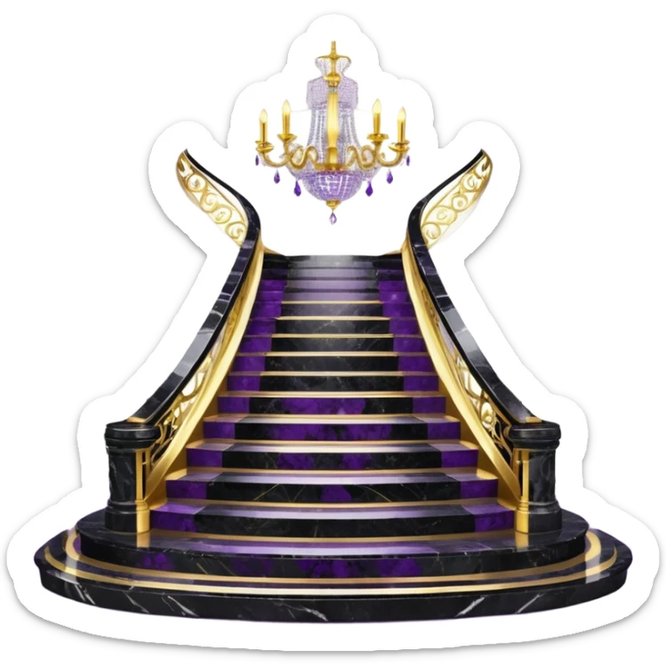 Luxurious black marble hallway stairs with gold and white accents  with purple crystals in chandelier sticker