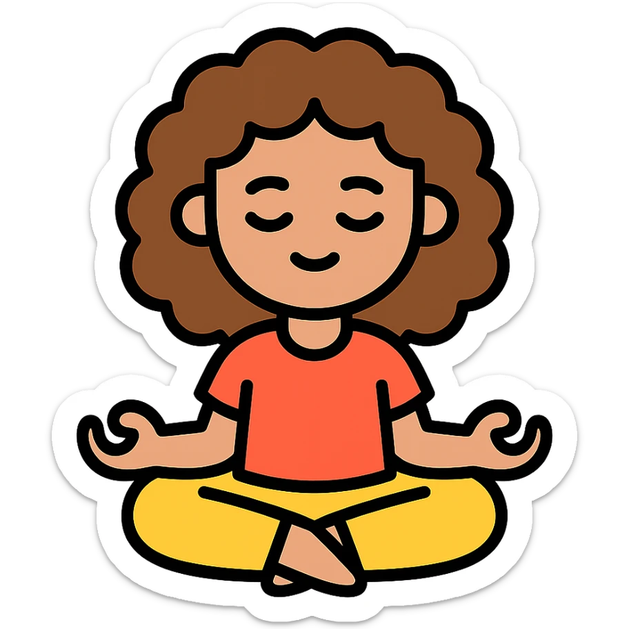 brunette girl with curly hair meditating, sitting cross-legged, colored icon sticker