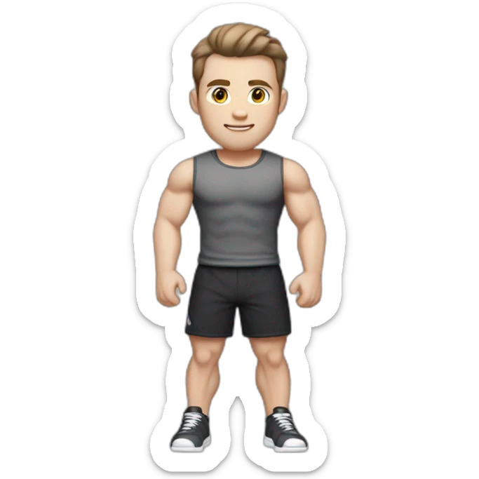 Pale skinned Fit Man With the biceps and dark brown hair in black shirt, gray sports shorts and white Sneakers sticker
