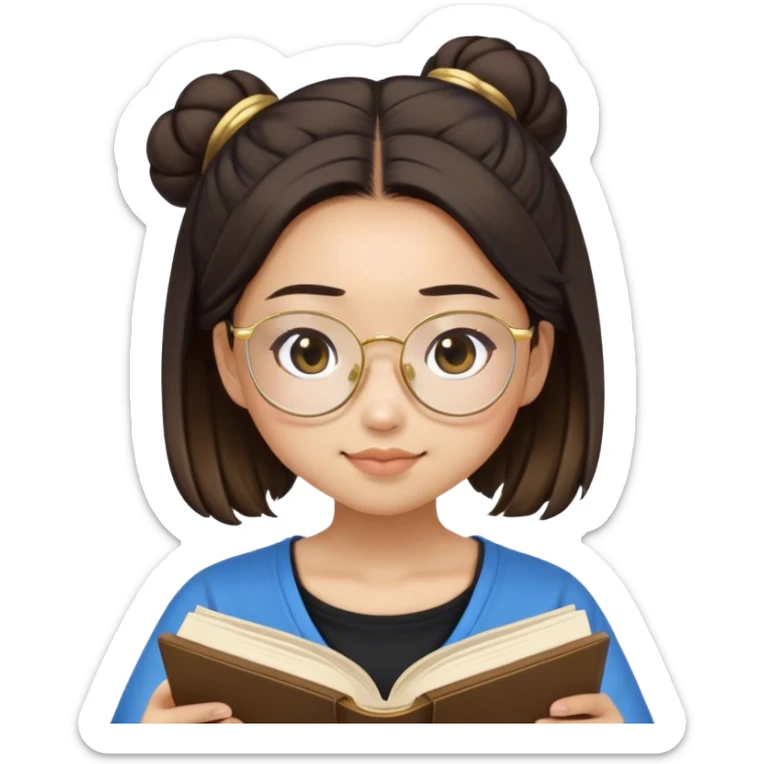 pretty asian girl sitting reading a blue book black top gold glasses brown hairbun sticker