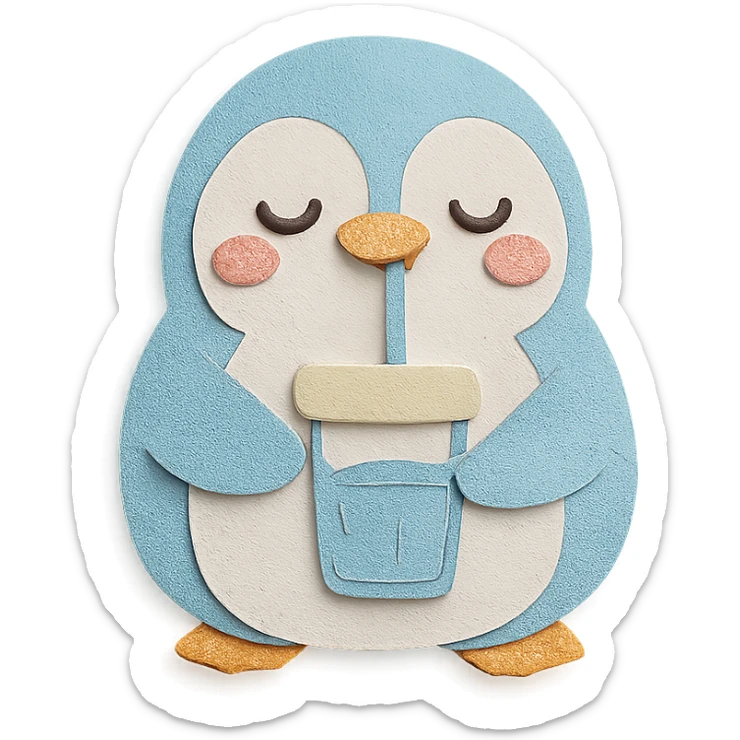 kawaii water purifier penguin sipping water with a content face, pastel blue, full-body sticker