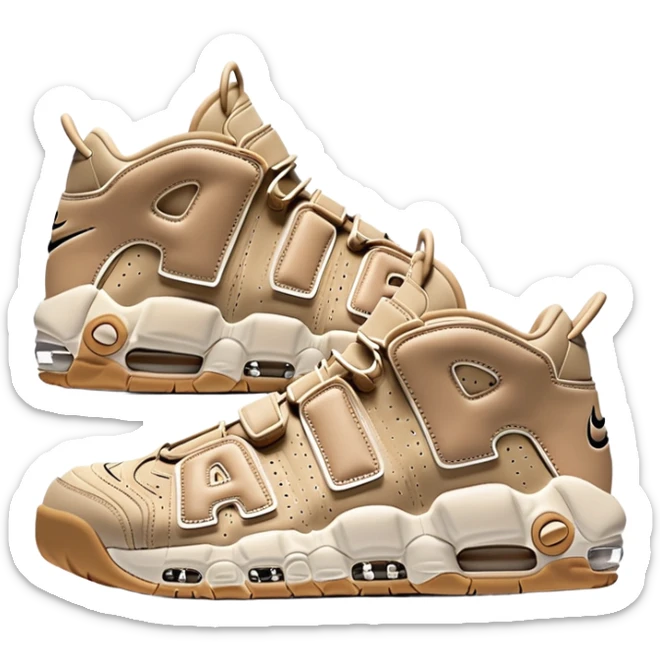 Minimalist pair of beige Nike Air More Uptempo sneakers side by side, clean simple design with AIR lettering on sides sticker