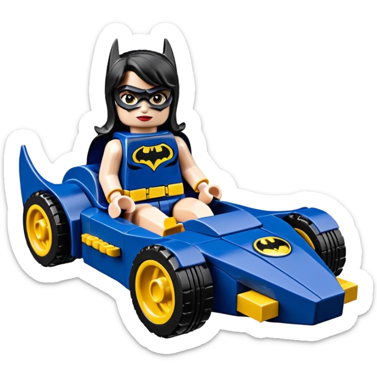 scale racing sexy muscular Batgirl’s masculine midnight-colored tight outfit 1970’s tv style dark knight stealthy accurate sporty safe plush deluxe Lego off-road pursuit drifting F1 car lexus (black hair,reclining and relaxed torso and shoulders back against seat) rally sticker