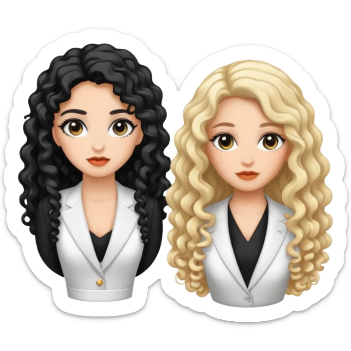 Make stickers of two beautiful girls. One is wearing a black suit and the other is wearing a white dress. Both have long hair, but one has curly hair. The girl with curly hair has eye makeup. sticker