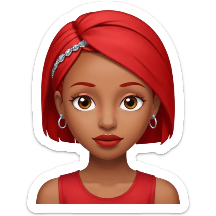 light-skinned black girl with long eyelashes with long strait dark brown hair with edges wearing a red top with no sleeves. and a red accessory on her head with nose and mouth piercings. sticker