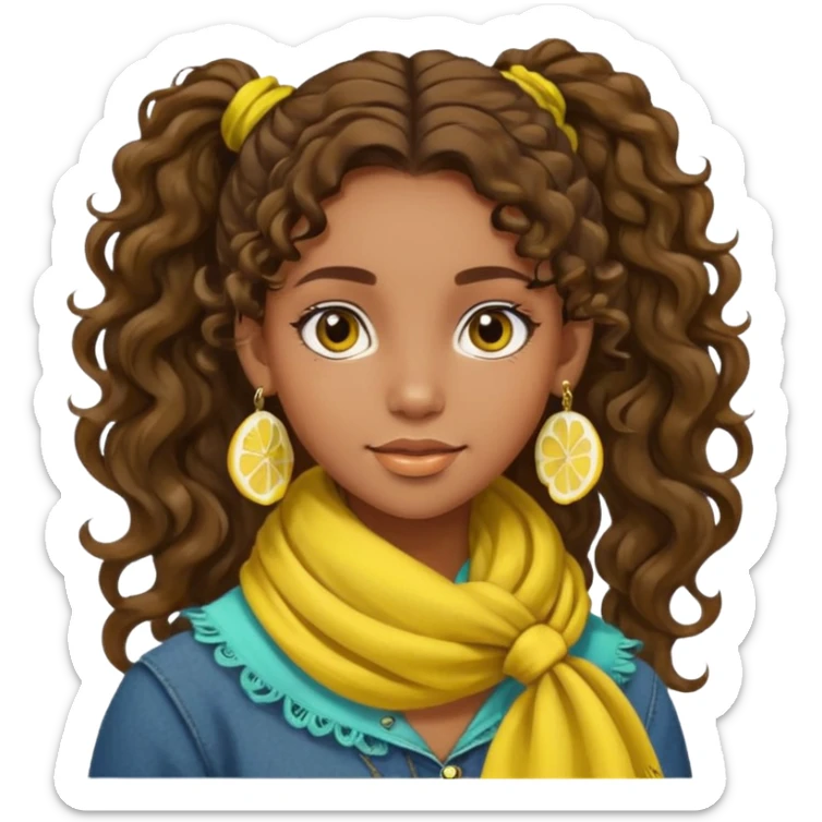 bohemian girl with brown skin, long curly brown hair in a ponytail, lemon yellow scarf, round earrings sticker