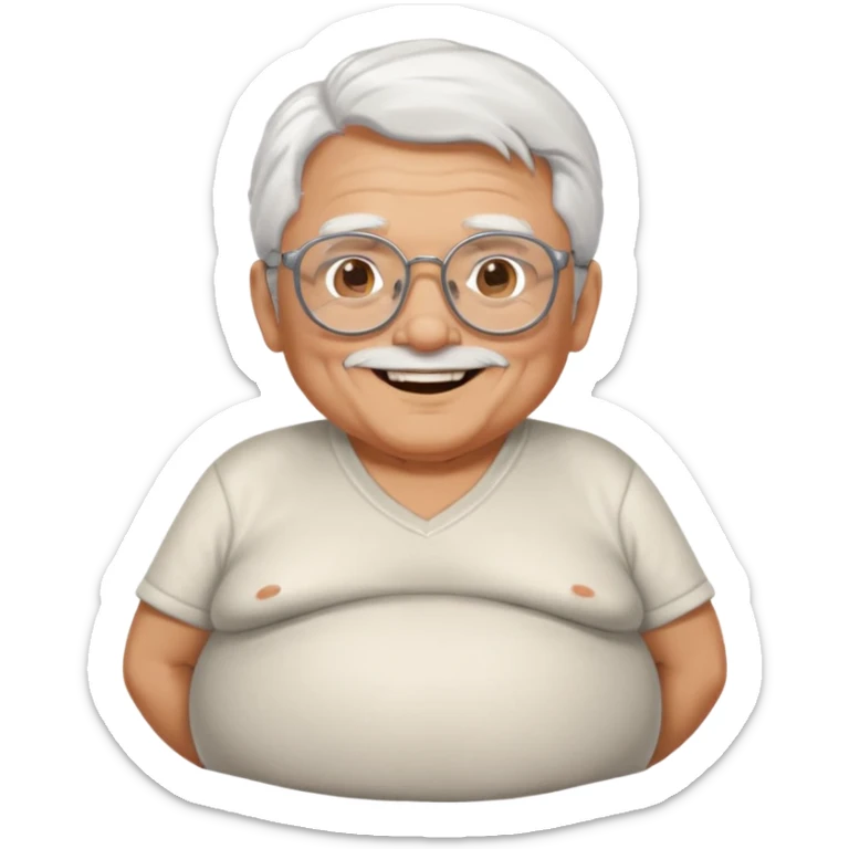 old man with lots of white hair wearing thick glasses with go-tee with a big belly smiling sticker