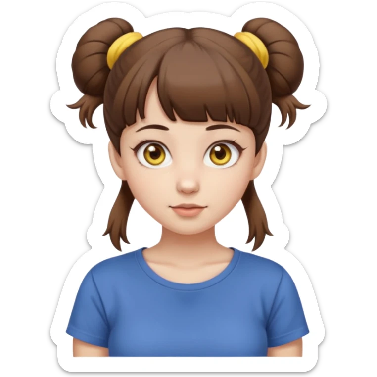 beautiful girl with brown hair with up twin buns style only, straight bangs, yellow eyes, milk brown tshirt, white skin, her body is a little fat  sticker
