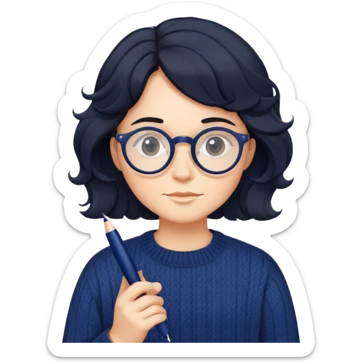 Designer with wavy black hair, round glasses, navy blue sweater, holding a design pen sticker