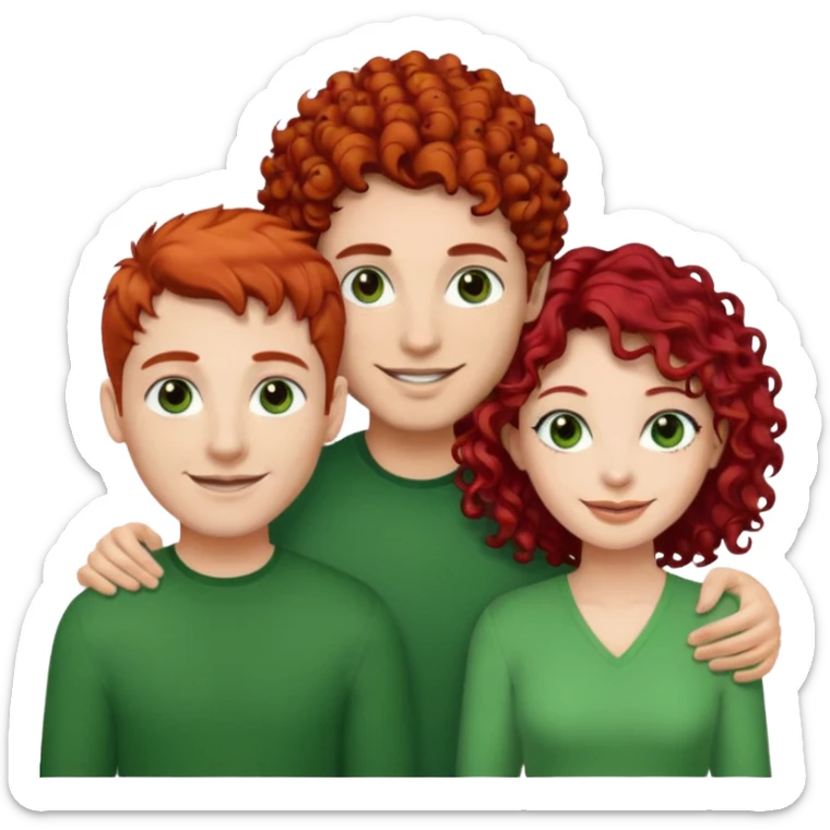 create a couple men with a red hair and browm eyes and woman with curly hair, black hair and green eyes sticker