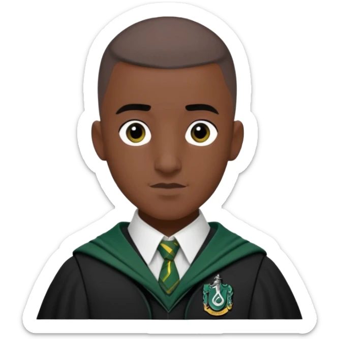 louis cordice is Blaise Zabini in harry potter, wear hogwarts slytherin uniform, Buzz Cut hair, black skin, long face sticker