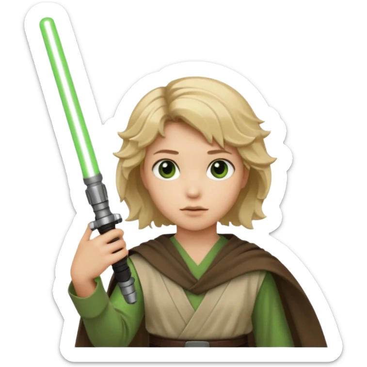 Young jedi with sandy blonde wavy short hair holding a green light saber. With brown eyes sticker