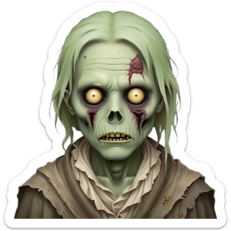 Cinematic Noble Zombie Portrait Emoji, Surprisingly dignified and somber, with a decaying yet strangely regal visage in ashen grays and muted tones, draped in tattered attire hinting at a lost grandeur, simplified yet meticulously detailed, glowing with a soft, eerie radiance and a gentle outline that evokes the tragic nobility of the undead! sticker