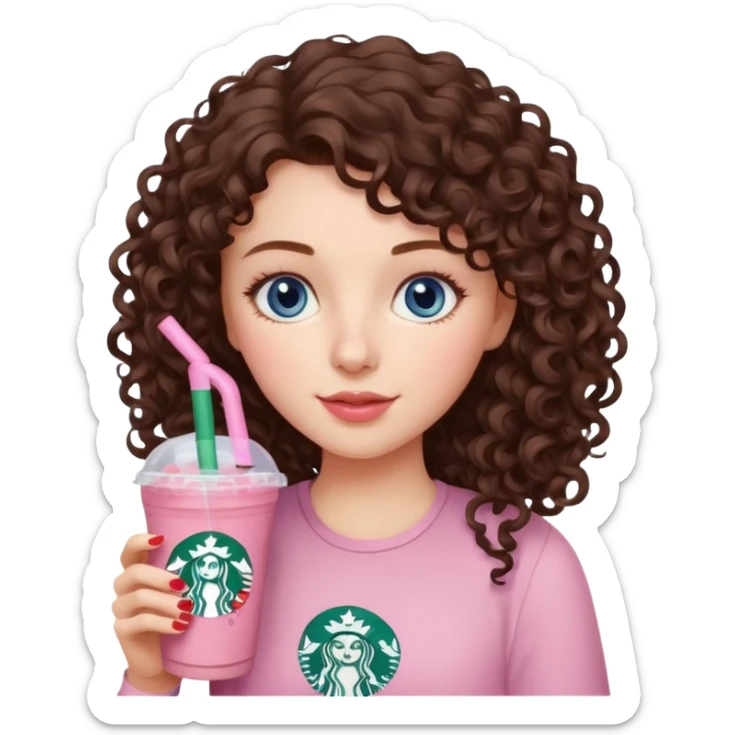 make an emoji of a loose curly brunette, blue-eye girl, wearing light pink drinking a strawberry acai refresher from starbucks sticker