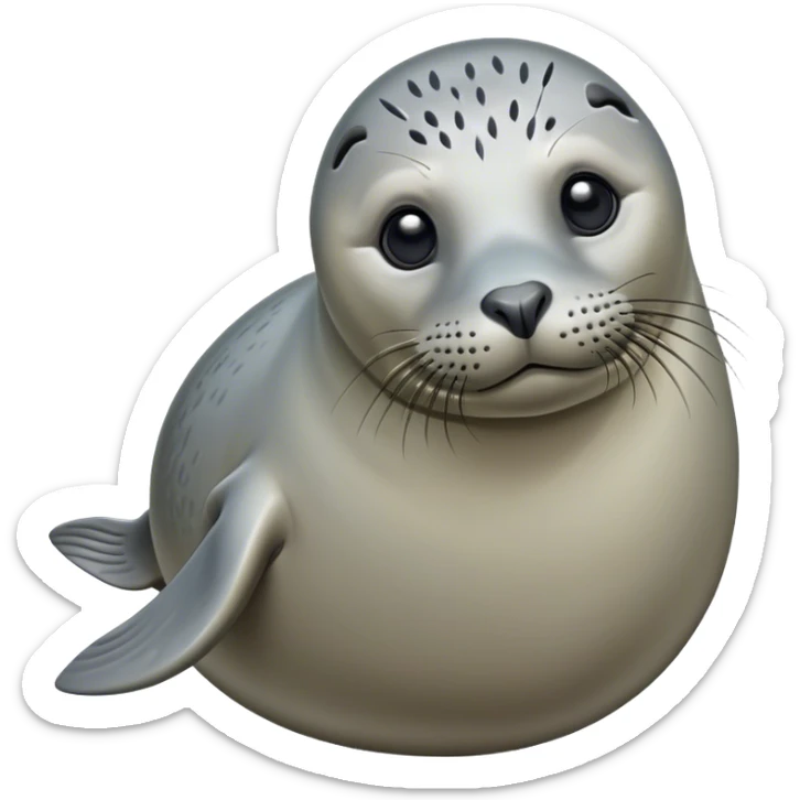 Cinematic Noble harbour seal Portrait Emoji, Poised and streamlined, with a sleek, smooth body of glossy, muted hues and expressive, dark eyes complemented by a rounded, agile head, Simplified yet sharp and sophisticated features, highly detailed, glowing with a soft, maritime luminescence, high shine, intelligent and graceful, stylized with an air of coastal authority, focused and alert, soft glowing outline, capturing the essence of a watchful marine guardian that appears ready to glide out of the screen with effortless authority! sticker