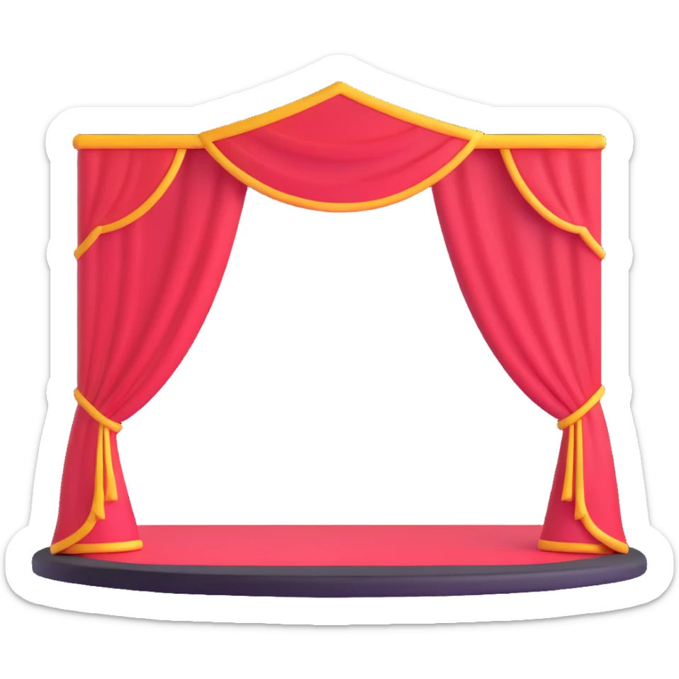 elegant theater stage with red velvet curtains open, wooden floor, and central spotlight sticker