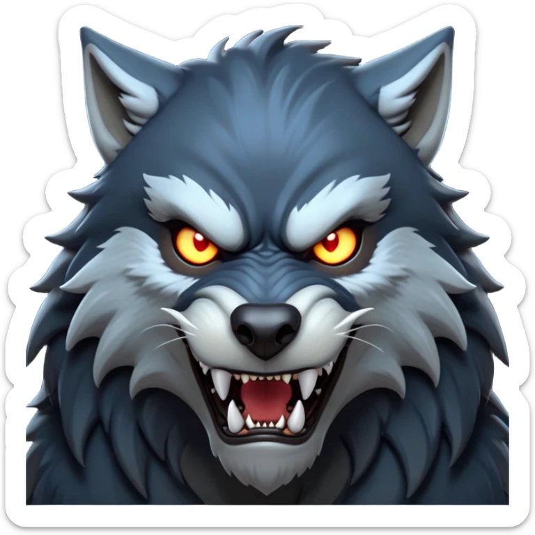 cinematic-noble-fierce-werewolf-head-close-up-emoji, poised-and-imposing, with a fierce wolfish face featuring glowing eyes full of primal ferocity, sharp, elongated fangs and a rugged snout, fur rippling in shades of midnight black and silver, muscles tensed and hunched over in an intense, threatening stance; rendered with realism, capturing the raw, untamed power of the beast beneath the moonlit sky sticker